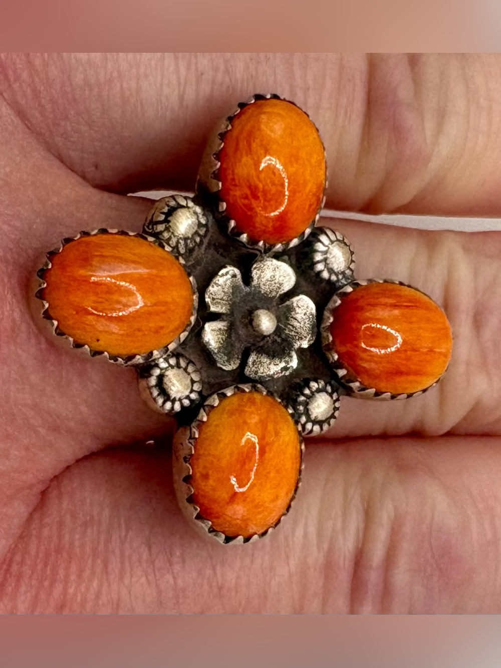 Orange Spiny Oyster Sterling Silver Artisan Cluster Ring Adjustable NWT